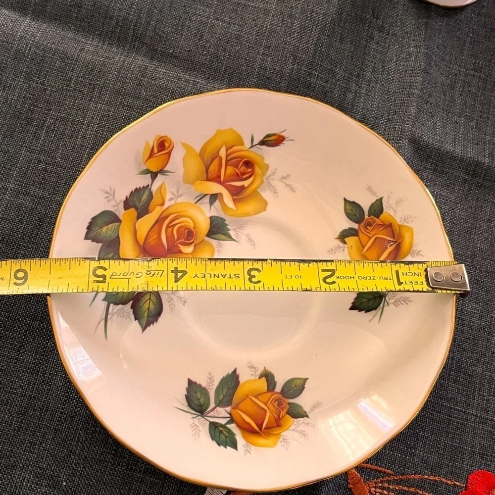Porcelain Teacup and Saucer Set. Tea Set with Hand Painted Yellow Roses.